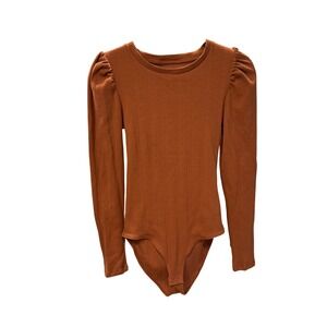 GAP Ribbed Puff Sleeve Bodysuit Womens S Long Sleeve Crew Neck Earthy Clean Girl